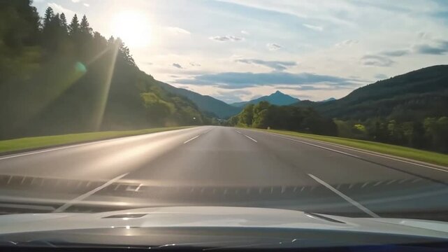 First-person view from inside a moving car cruising on a smooth highway through scenic mountains at sunset. The sun casts warm light over the road, creating long shadows. Concept of travel and freedom