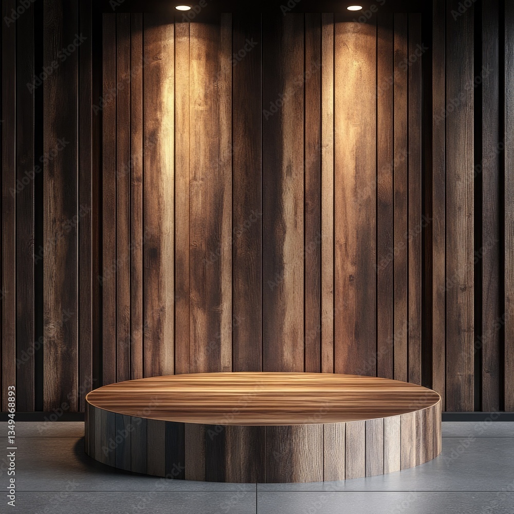 Poster dark wooden background with circular platform and spotlights for product display or presentation