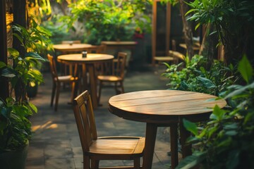 Fototapeta premium Cozy Outdoor Cafe with Wooden Furniture
