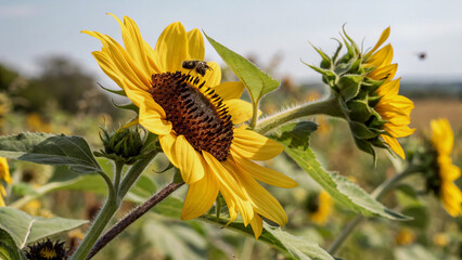 Obraz premium Vibrant Sunflower with Busy Bee in a Sunny Field