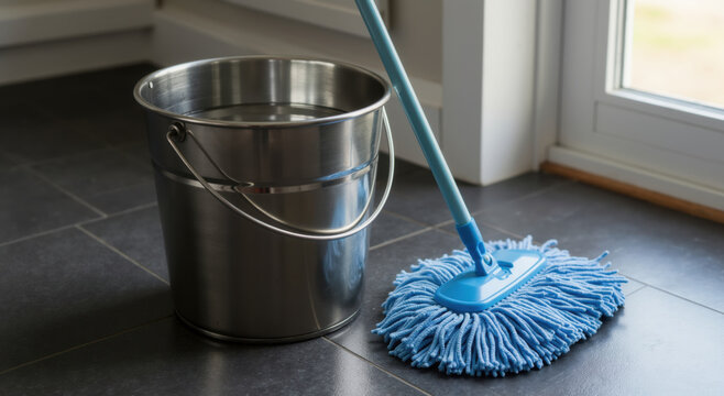 Metal bucket and blue mop on tiled floor near window. Cleaning supplies concept for household maintenance and janitorial services
