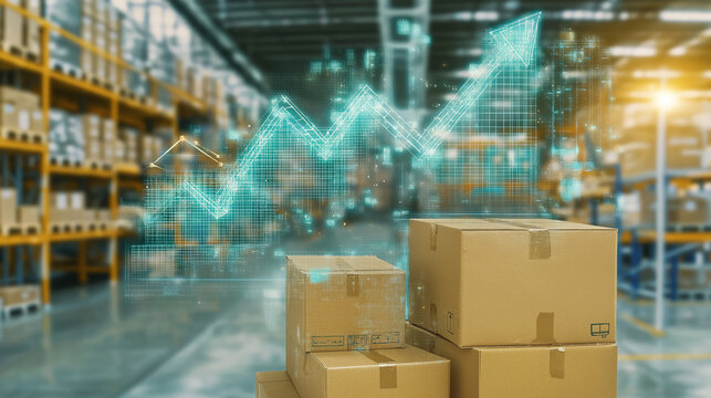 Warehouse Logistics and Growth: Illustrating the dynamic growth of supply chain management with stacks of packed cartons in a busy warehouse with graphic of business chart.