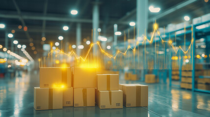 Warehouse and Growth: A pile of cardboard boxes glows in the focus against the blurry background of warehouse, with an overlaying financial growth chart symbolizing economic progression.