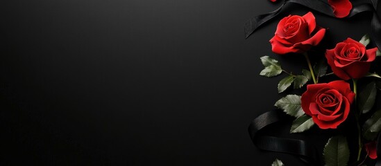 Three red roses with black ribbon on a dark background