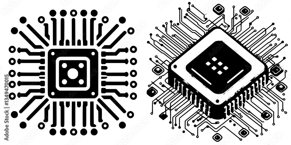 Poster black and white circuit designs showcasing intricate microchip layouts with surrounding connections 