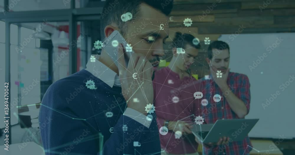 Poster using technology, business professionals with data processing animation in office setting