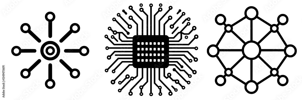 Poster exploration of abstract technology symbols representing connectivity and circuitry in a minimalist d
