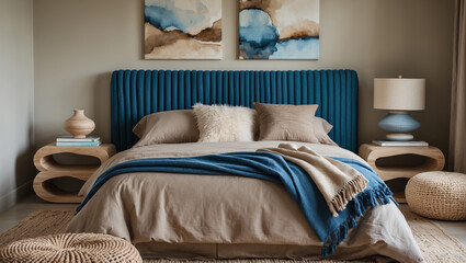 Serene coastal bedroom sanctuary, featuring a teal tufted headboard and soft beige linens, bathed in warm, natural light.