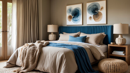 Serene bedroom sanctuary with a teal tufted headboard, soft beige linens, and calming abstract art, bathed in warm, natural light.