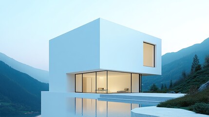 Modern architectural design of a white house beside a lake