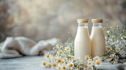 Two bottles of milk placed beside delicate wildflowers against a soft, neutral background, creating a serene and fresh atmosphere. 