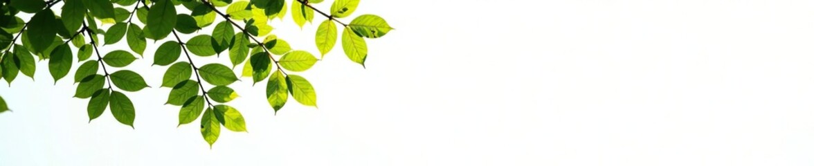 Fototapeta premium Tree branches with leaves and twigs against bright white background, tree, tree parts