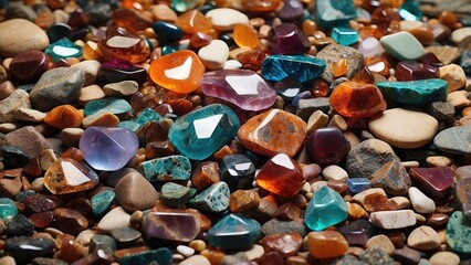 A close-up view of a collection of various polished gemstones and rocks.