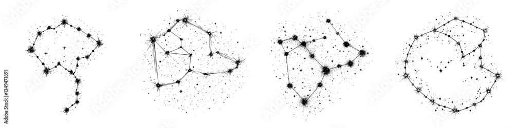Poster artistic representations of constellations with varying shapes and designs in a starry pattern
