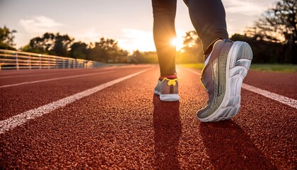 A pair of running shoes on a jogging track at sunrise.