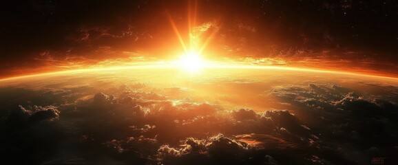 Fiery sunrise over a planet's horizon, cloudscape bathed in warm light