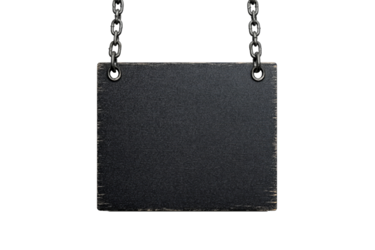 Vintage black wooden sign with metal chain on black background, cut out transparent