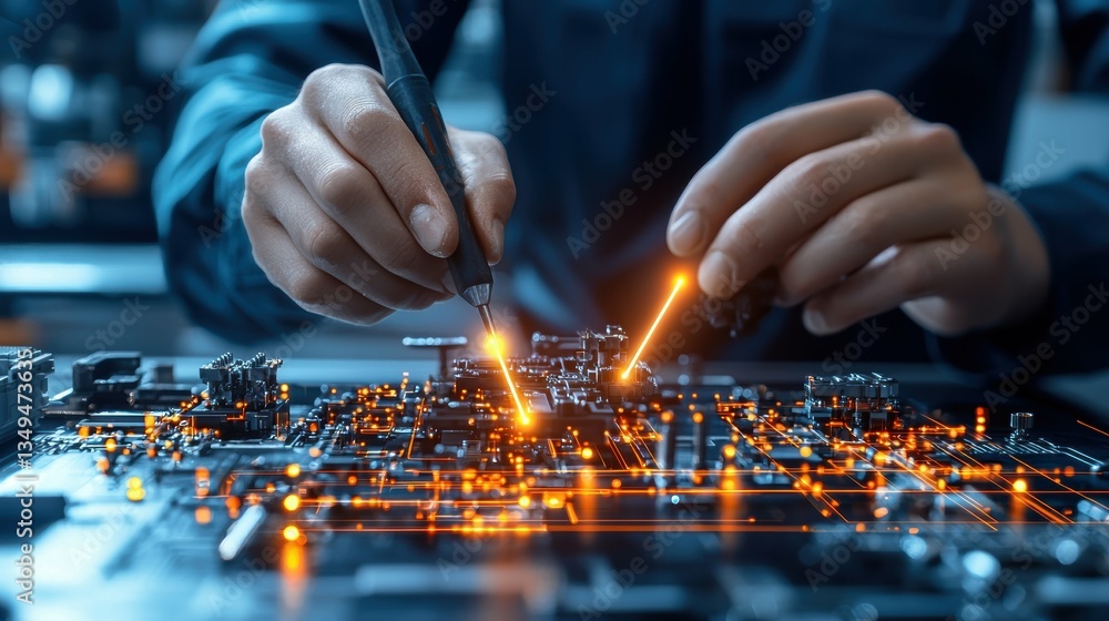 Poster precision electronics soldering action in a high-tech lab environment close-up view of circuit board