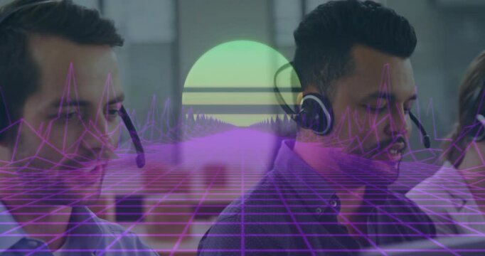 Wearing headsets, customer service representatives working in retro-futuristic office setting
