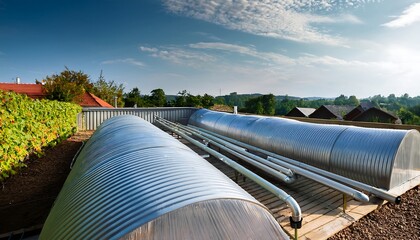 A rainwater harvesting system collecting water from a roof.