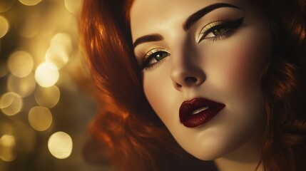 Fototapeta premium Portrait of a glamorous Hollywood-style woman with brown hair and green eyes