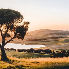 Scenic Sunset Landscape: Rolling Hills, Lake, and Lone Tree