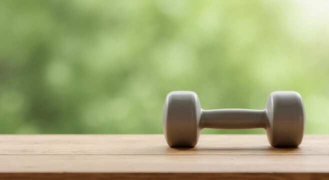 Single gray dumbbell on wooden table with blurred green background. Fitness equipment concept for home workout programs and healthy lifestyle promotion