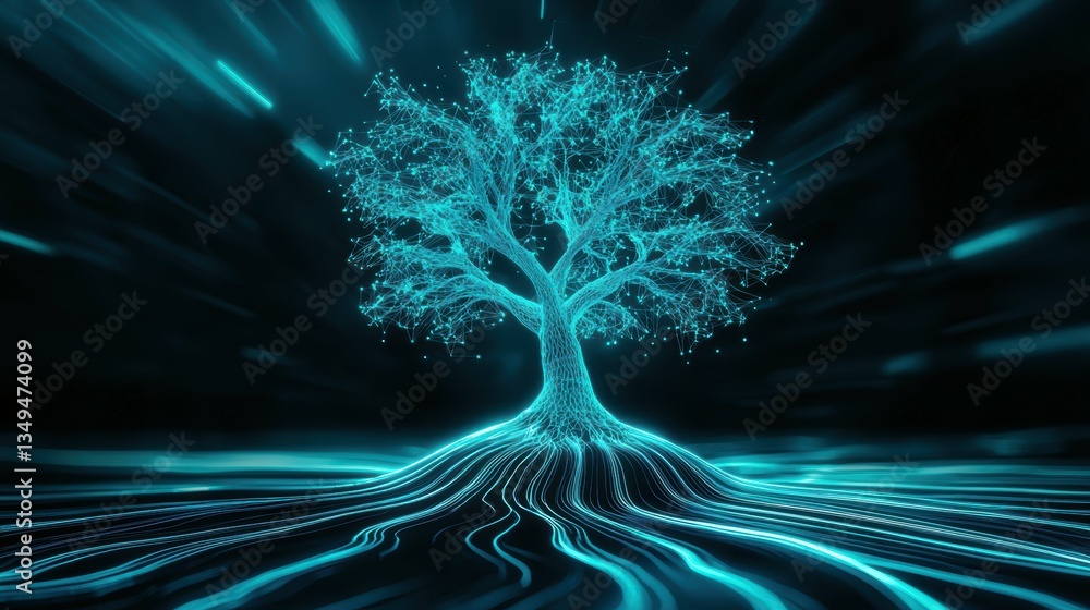 Poster vibrant digital tree animation futuristic space 3d render abstract environment close-up view nature 