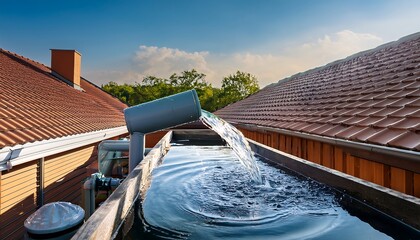A rainwater harvesting system collecting water from a roof.
