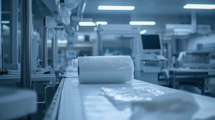 Close-up view of an automated plastic bag production machine in a modern factory