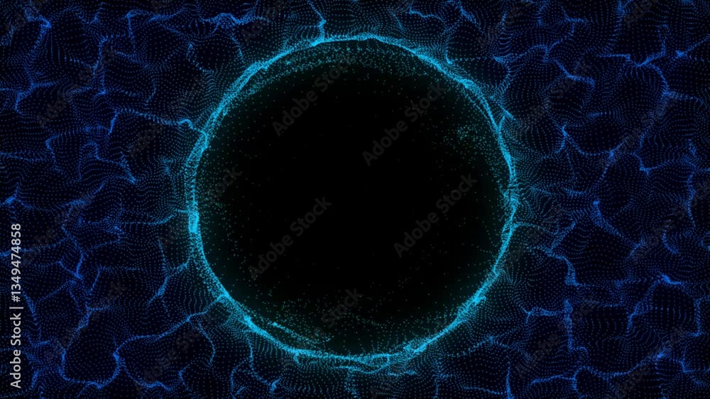 Poster abstract blue sphere in the wave on black background. wormhole or speed tunnel technology. wireframe