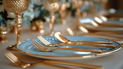 Exquisite table arrangement features gleaming gold utensils and elegant glassware, perfect for upscale dining occasions