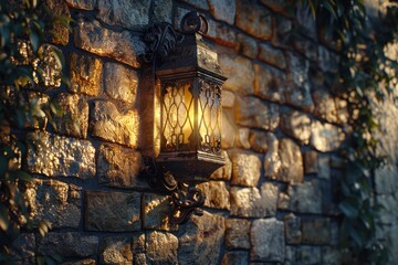 Soft golden light from a vintage lantern illuminates a rustic brick wall, creating a warm and inviting ambiance
