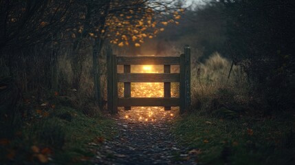 entry passage potential. Wooden Gate Path in Autumn Forest at Sunset