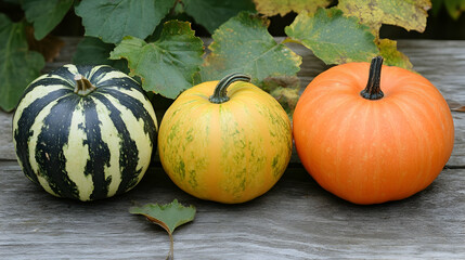 Autumn pumpkins on wooden surface, leaves background, fall harvest