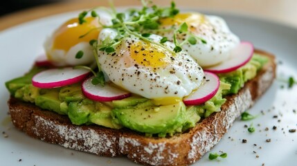 Delicious Avocado Toast with Poached Eggs and Radishes