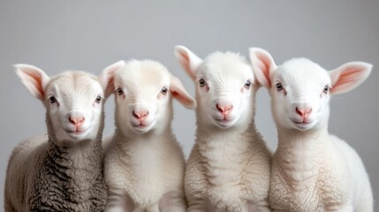 Fototapeta premium Four cute white lambs standing side by side in a studio setting against a clean grey background.
