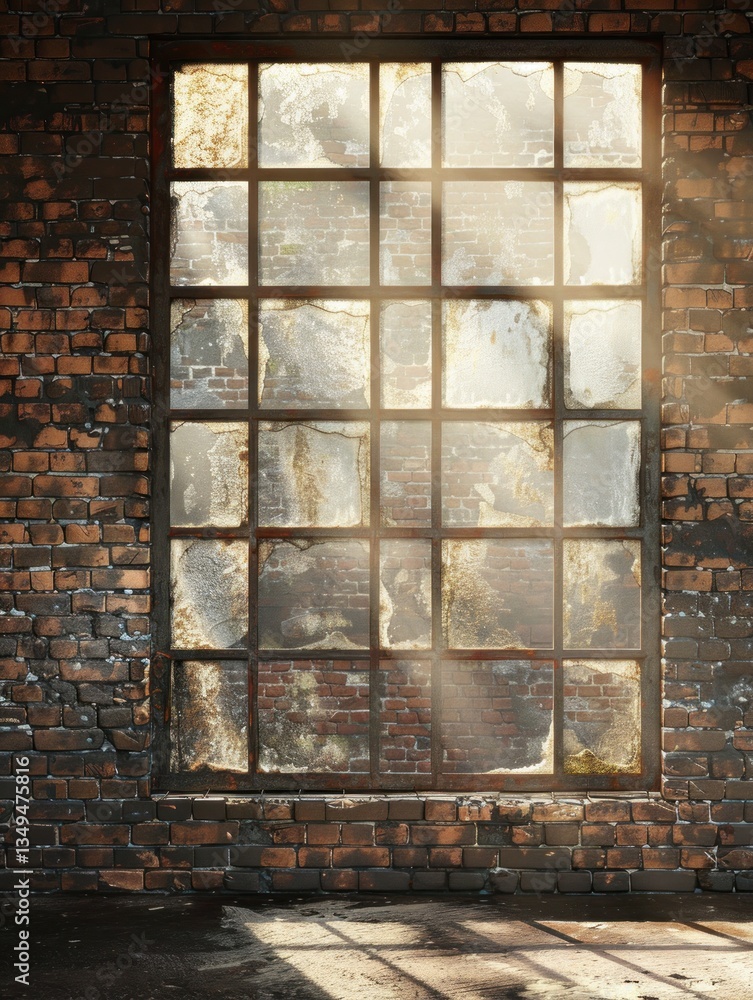 Poster soft morning light streams through an old window onto a rustic brick wall, creating warm patterns an
