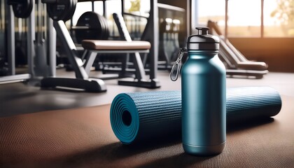 A reusable water bottle placed beside workout equipment.