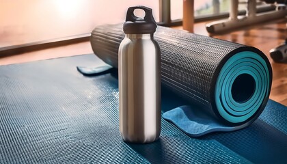 A reusable water bottle placed beside workout equipment.