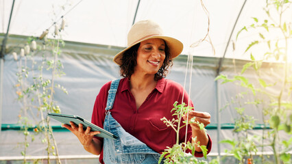 Woman, inspection and tablet in greenhouse, crops and farming for growth, app and quality...