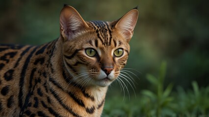 Spotted Bengal cat portrait, wild gaze
