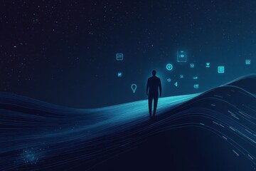 Man Silhouetted Against Digital Landscape with Futuristic Icons