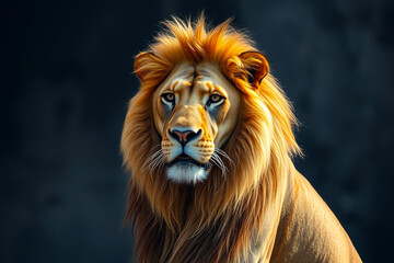 Obraz premium Majestic Lion in Focus Against a Bright, Blurred Background, Highlighting Its Powerful Presence, Grace, and Regal Beauty