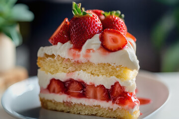 Strawberry shortcake slice with whipped cream and fresh fruit