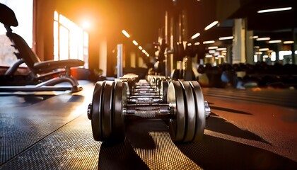 A set of dumbbells on a gym floor with soft lighting.