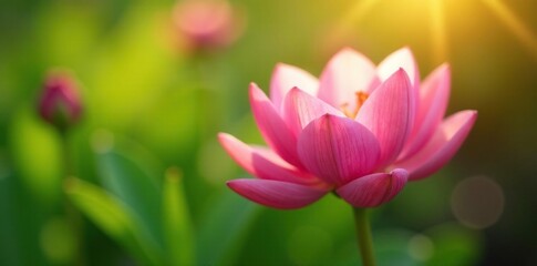 Fototapeta premium Delicate petals unfolding in soft morning light, sunlight, gentle, greenery