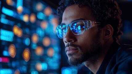 A Focused Young Programmer Intently Studies Lines Of Code Reflected In His Glasses During A Late Night Coding Session Bathed In Cool Blue Light