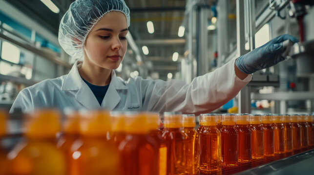 Female worker in a clean, well-lit beverage factory inspecting bottled fruit juice on a moving conveyor belt for quality control - Powered by Adobe