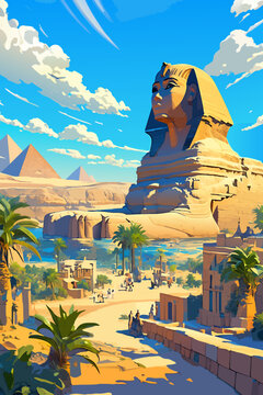 Flat vector illustration of view of the pyramids and the sphinx. Vector EPS 10